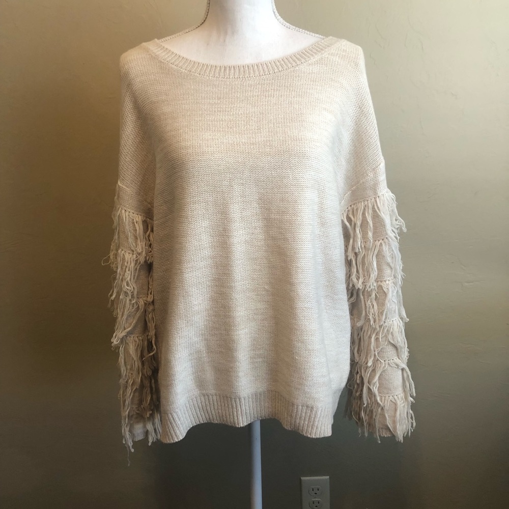 SOHO NY&CO. Jeans Beige Spacedye Fringe Long Sleeve Boho Boatneck Sweater Large